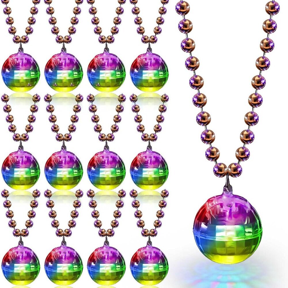 12 Pcs LED Disco Ball Necklaces Light up Mardi Gras Bead Necklaces 70s Disco Par